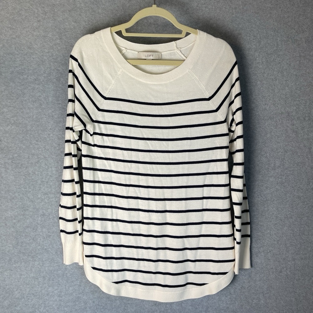 LOFT Long Sleeve Tunic Knit Top Ivory W/ Black Stripes Small Ann Taylor